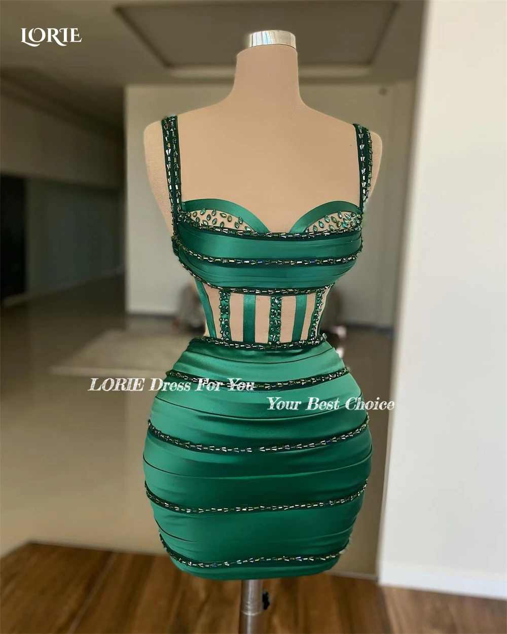 Dark Green Mini Cocktail Party Gowns Spaghetti Straps Pleats Beadings Dubai Evening Dresses Saudi Arabia Clubbing Dress