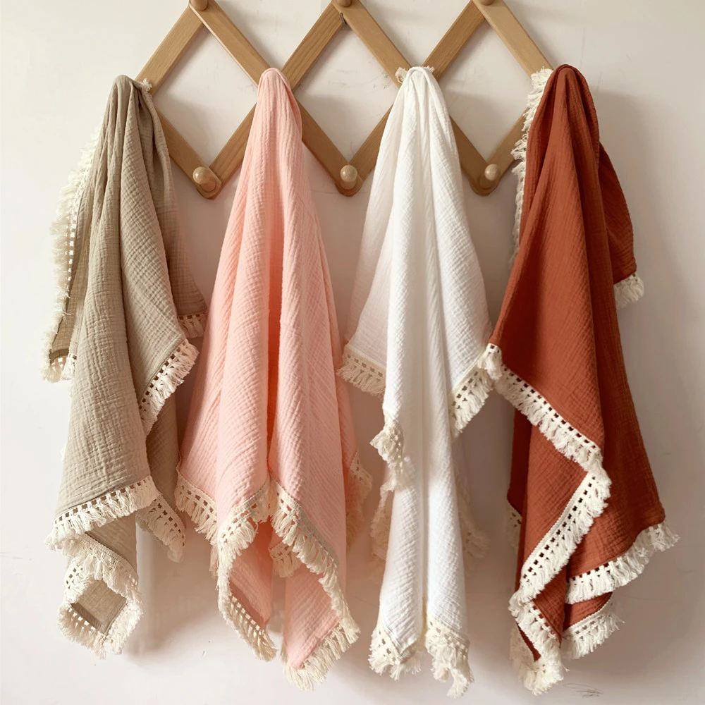 Cotton Muslin Baby Blankets Newborn Swaddle Wrap Blanket Tassel Cotton