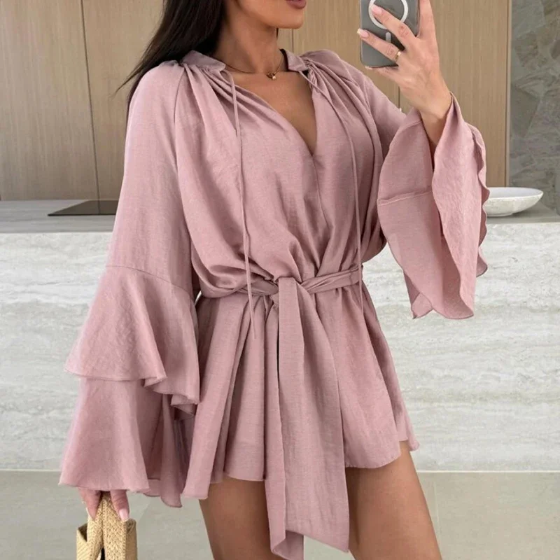Ruffle Mini Dress - Casual Flare Sleeve Deep V-neck Holiday Dress
