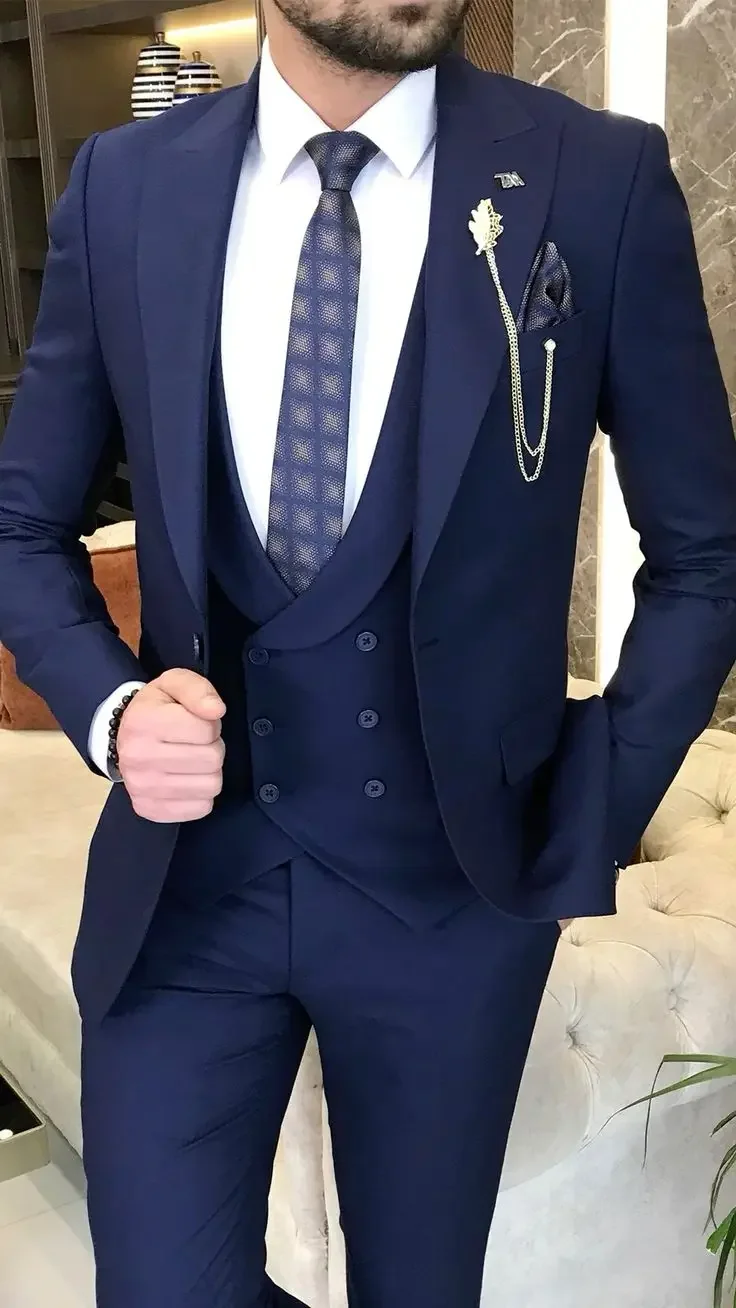 Green Navy Men's Suits 3 Pieces Slim Fit Suit Formal Business Groom Wear Wedding Tuxedos Blazer Vest Pants Costume Homme Mariage