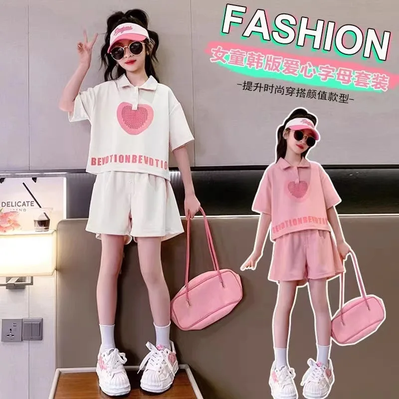 

Girls Teenager Summer T-shirt Polo Shirt Short-sleeved + Loose Shorts Suit New College Style Outer Wear Children's Sets
