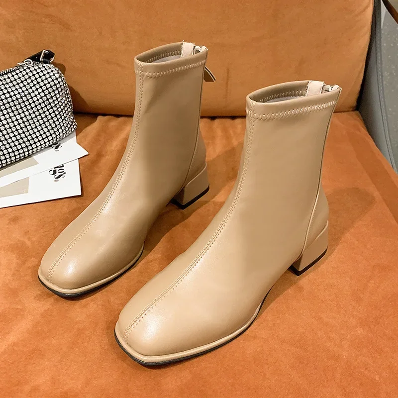 Ankle Boots Women Elegant High Heel Short Boots Ladies Platform Pointed Toe Ankle Boots Large 43 Heel Square Retro Women Shoes