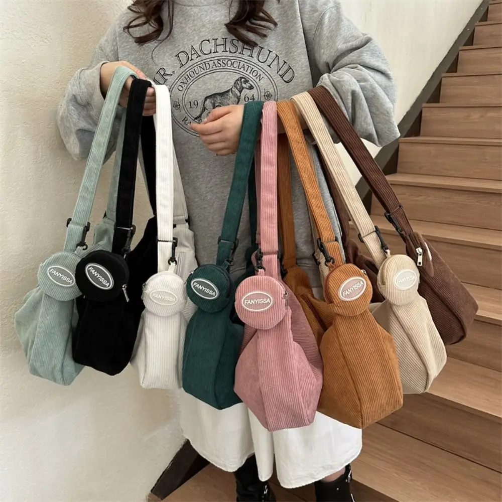 

Large Capacity Corduroy Shoulder Bag Korean Style Handbag Solid Color Shoulder Bag Tote Bag Cotton Cloth Handbag with Coin Purse