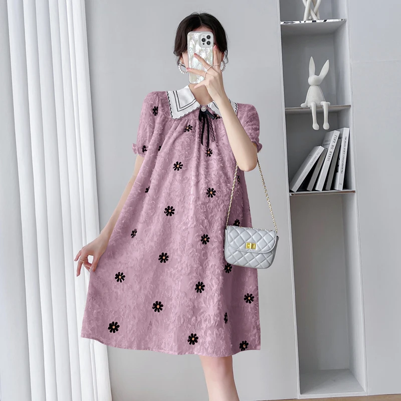 

Maternity Summer Flower Embroidered Blouse Short Sleeve Turn-Down Collar Tassel Chiffon Shirts Pregnant Woman Chiffon Dress Cute