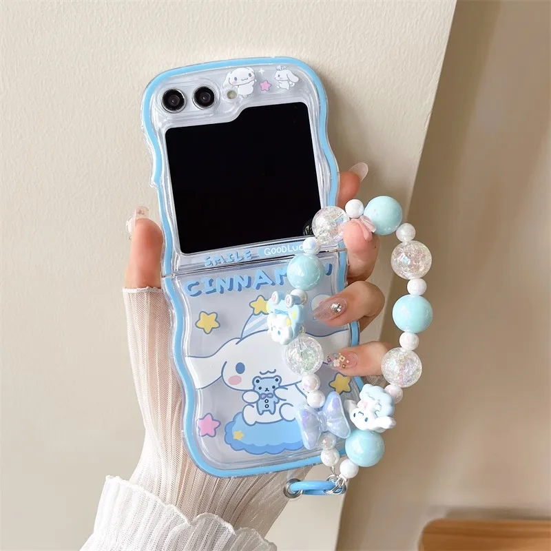 

Sanrio Cinnamoroll помпон пуриновый браслет чехол для телефона для Samsung Galaxy Z Flip 5 милый мультяшный аниме акриловый ударопрочный чехол