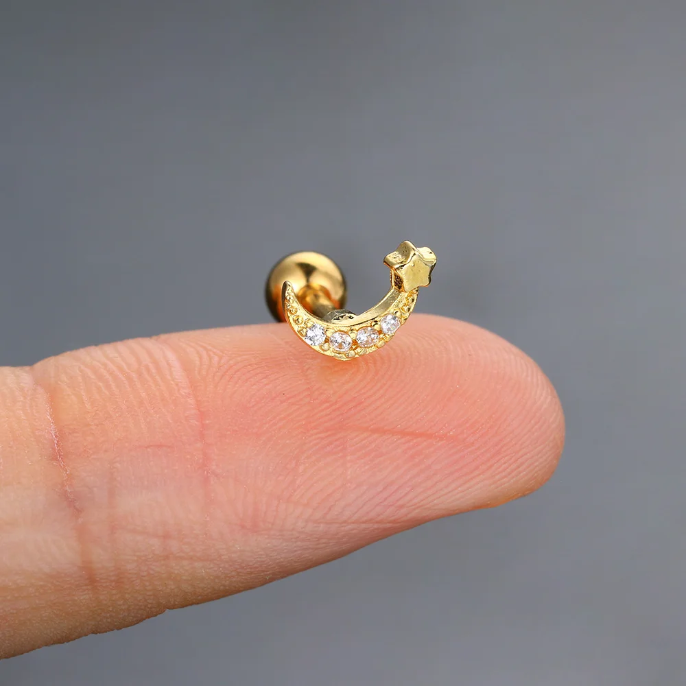 1 Stück Zierlicher CZ-Mond Piercing Y2k Ohrstecker für Frauen, Tragus Helix Daith Ohrschmuck, Edelstahl-Schmuck – Detail 14