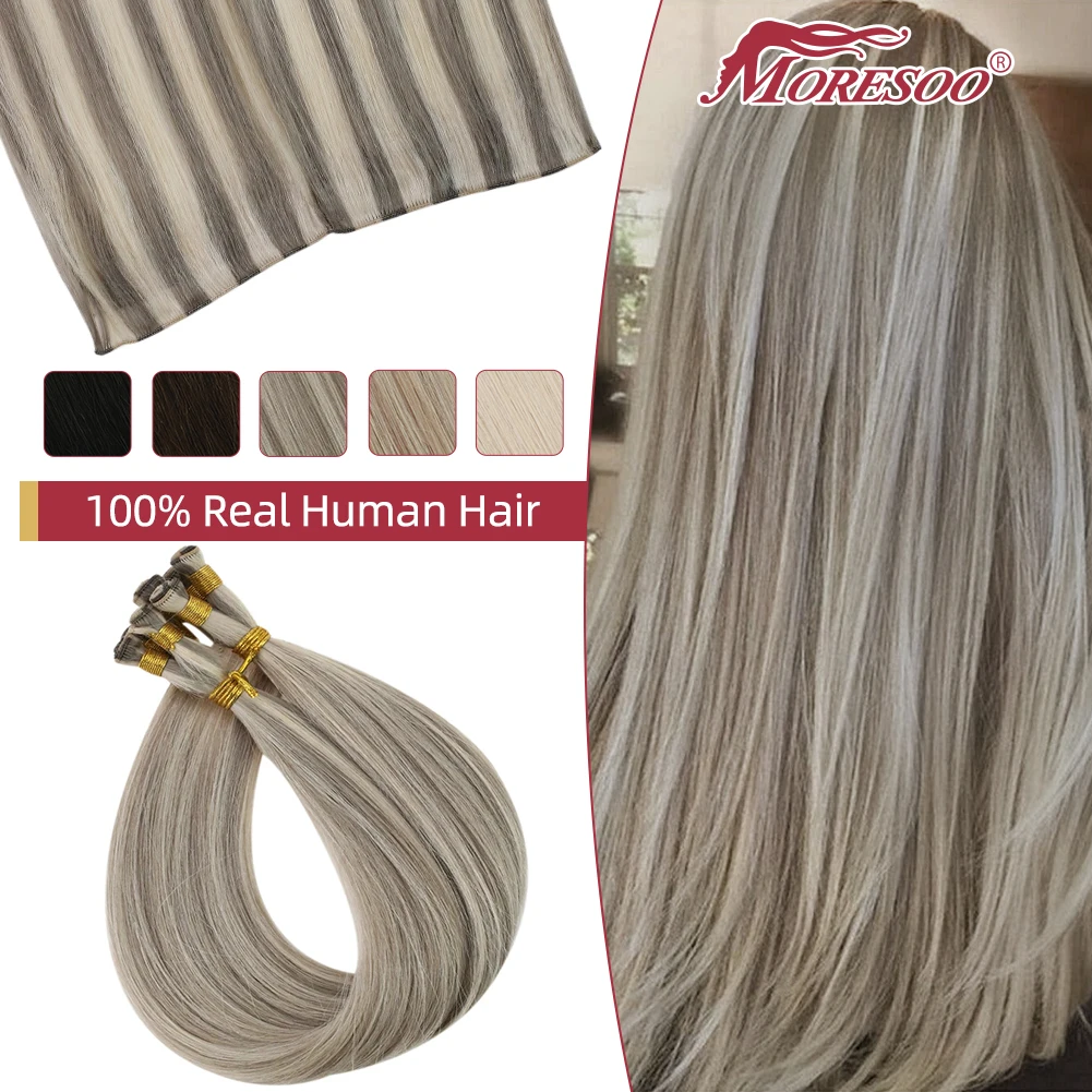 

Moresoo Hand Tied Weft Virgin Human Hair Extensions Straight Seamless Hand Made Hair Bundles Sew in 100% Real Human Hair