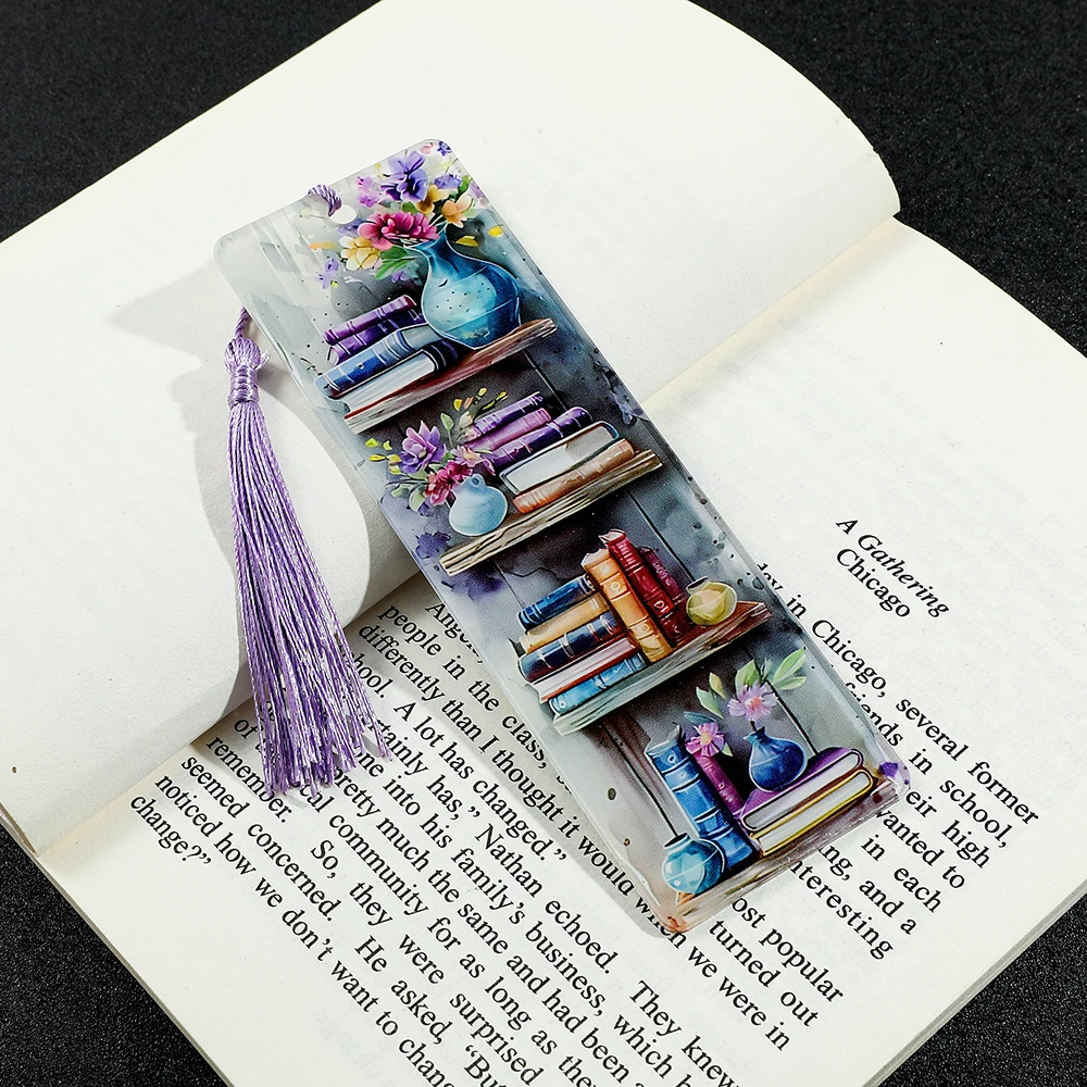 1pcs Bookcase & Vase Bookmarks Art Acrylic with Tassel Reading Marker for Book Lovers Bookworms Men Women, bookmarks stationery supplies, bookmark holder, acrylic bookmark