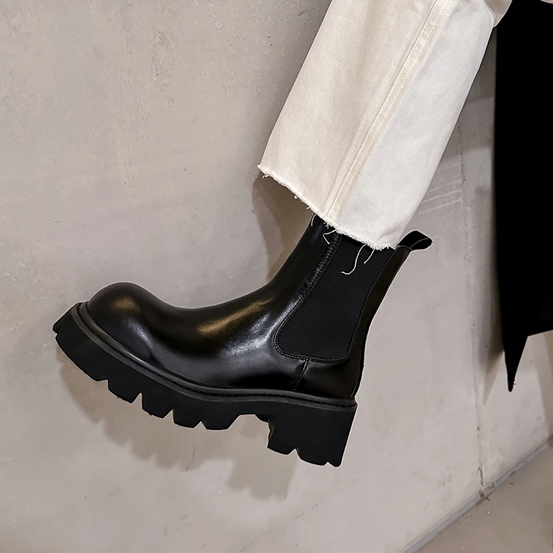 

Thick Heel Woman Platform Boots Round Toe Street Style Winter Shoes Woman Cowhide Casual Shoes Spring Autumn Chelsea Ankle Boots