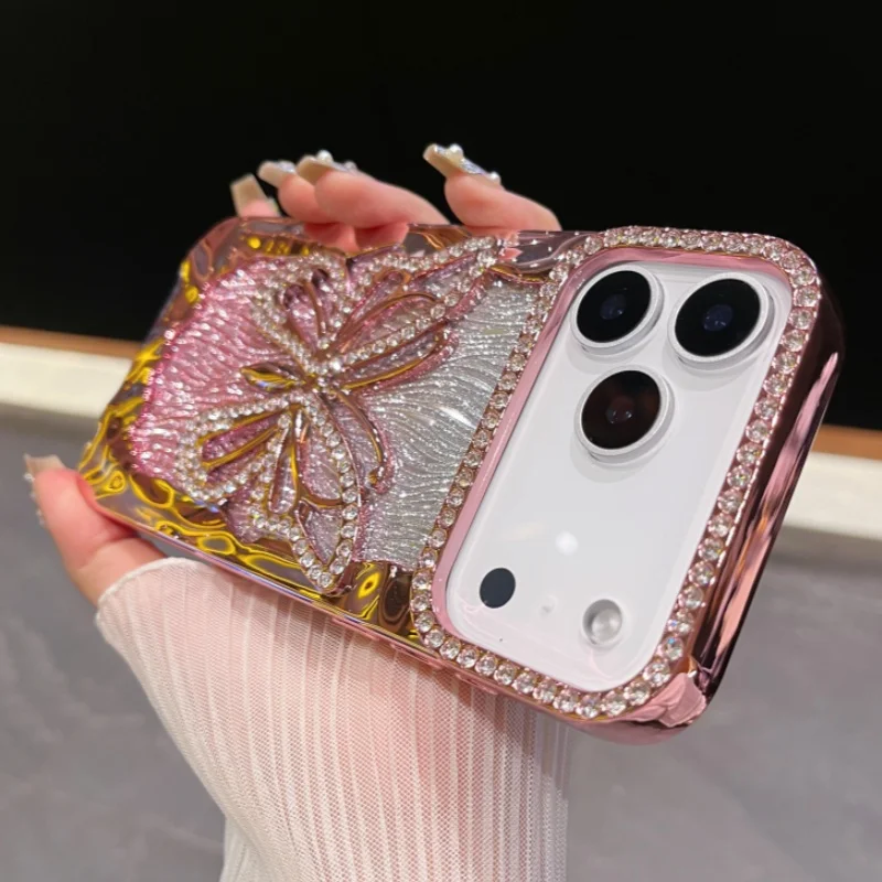 Elegant 3D Bling Glitter Butterfly Gradient Phone Case with Diamond Accents and Plated Shockproof Protection