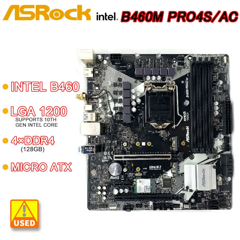 

B460 Motherboard ASRock B460M PRO4S/AC Motherboard LGA 1200 DDR4 128GB USB 3.2 Micro ATX HDMI M.2 for 10th Gen Intel Core cpus
