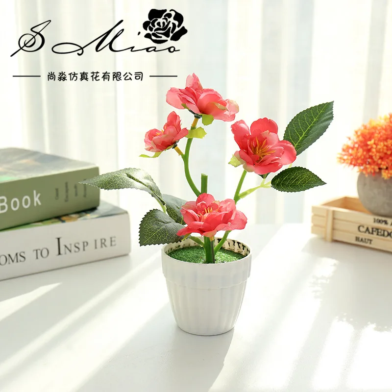 Four-headed Small Rose Bonsai Simulation Flower Creative Decoration Simulation Plant Potted Simulation Silk Flower