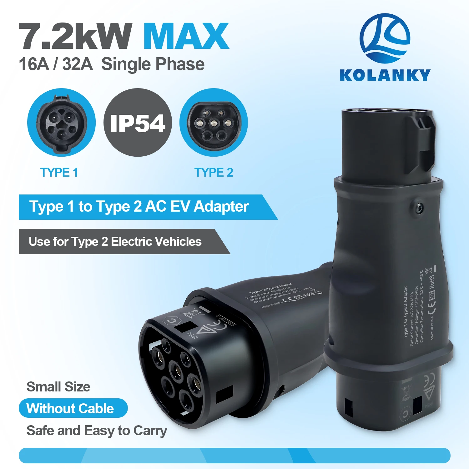 Kolanky EV Charging Adapter 32A 7.2KW Type 1 To Type 2 Adaptor For Electric Vehicle Cars EU 2 Socket