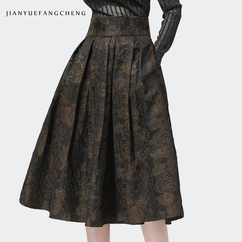 vintage-brown-jacquard-pleated-skirt-women-high-waist-a-line-big-swing-mid-length-embroidered-skirts-with-pockets-elegant-flowy