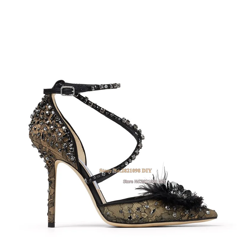 

Fashion Woman Mesh Lace Rhinestone Flower Fur Decor Pumps Thin High Heels Pointed Toe Stiletto Sandal Shoes