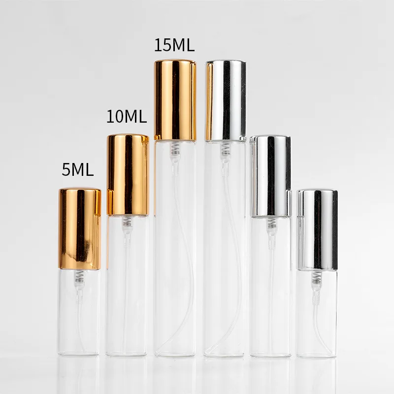 10/100pcs 5ml 10ml Transparent Thin Glass Spray Bottle Sample Glass Vials Portable Mini Perfume Atomizer Gold Silver Black Cap