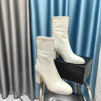 Botas de bezerro de couro genuíno, dedo apontado, salto quadrado, couro envernizado, cor sólida, popular, alta qualidade, botas modernas concisas, 2023