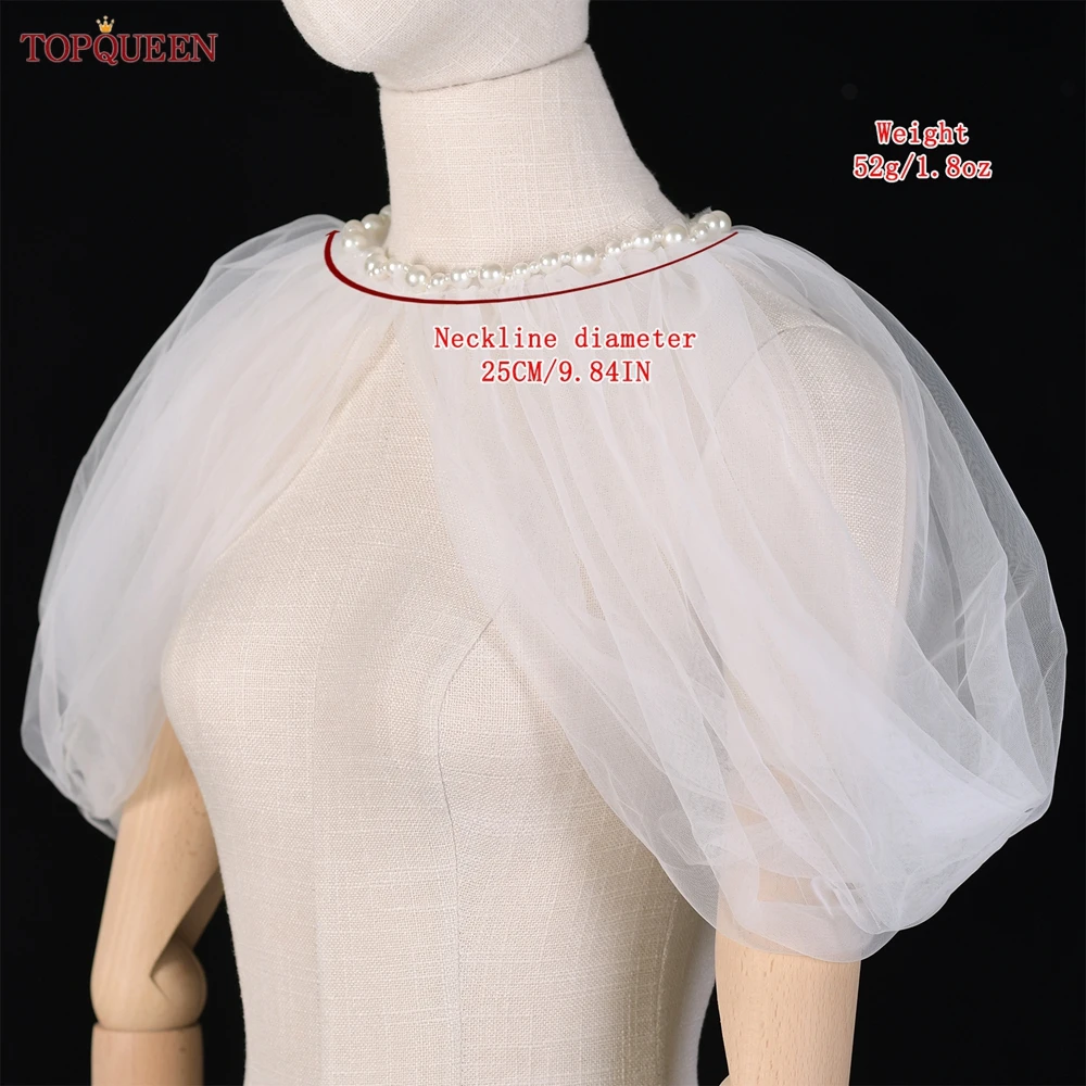 TOPQUEEN Coat Soft Tulle Bolero Pearl Collar Shawl Puff Sleeve