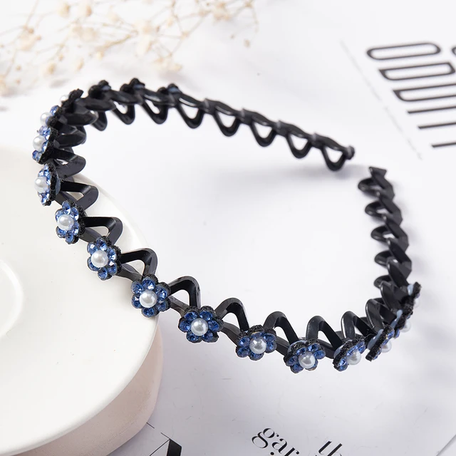 Fashion Pearl Non-Slip Rhinestone Hairbands Elastic Flower Women Hair Hoop Bands Headband Bezel Girls Hair Accessories Headdress blue pearl