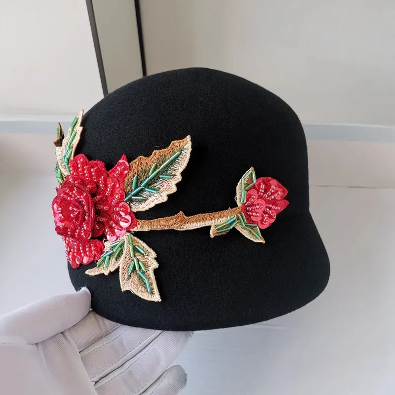 

202312-9326-8373-29 ins chic winter Sequin Beaded leaves flower wool felt lady Equestrian hat women visors cap