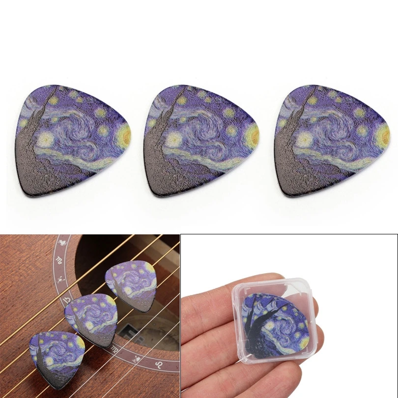 3 adet/grup Akustik Elektro Gitar Kürek 0.46mm 0.71mm 0.96mm Yıldızlı Gökyüzü Selüloit Gitar Kutusu ile Seçtikleri