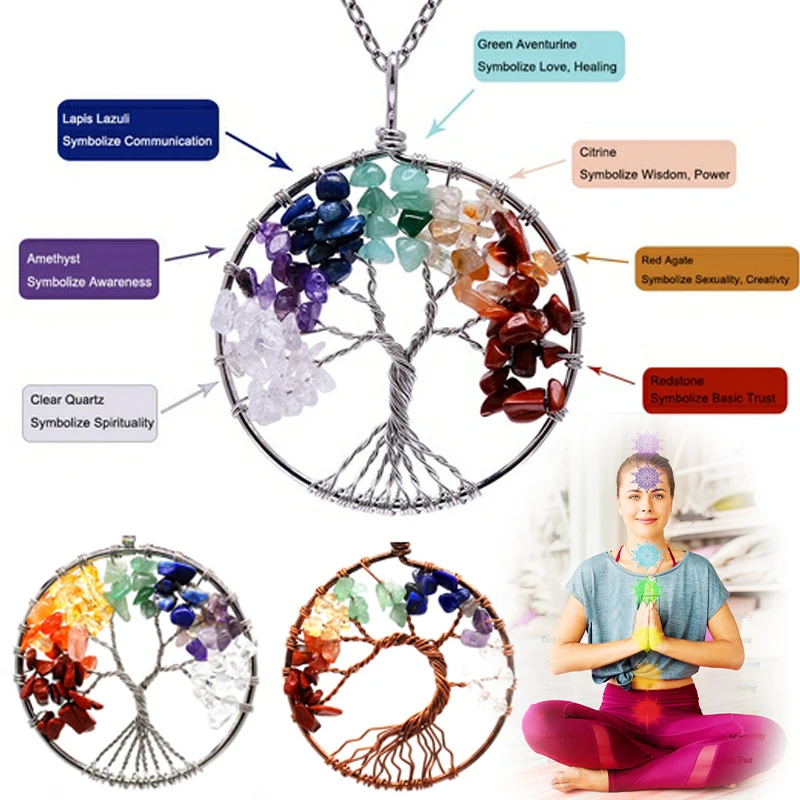 Natural Crystal Stone Tree of Life Pendant Necklace 7 Chakra Quartz Amethyst Necklace Pendant Wedding Jewelry for Women pendant necklace