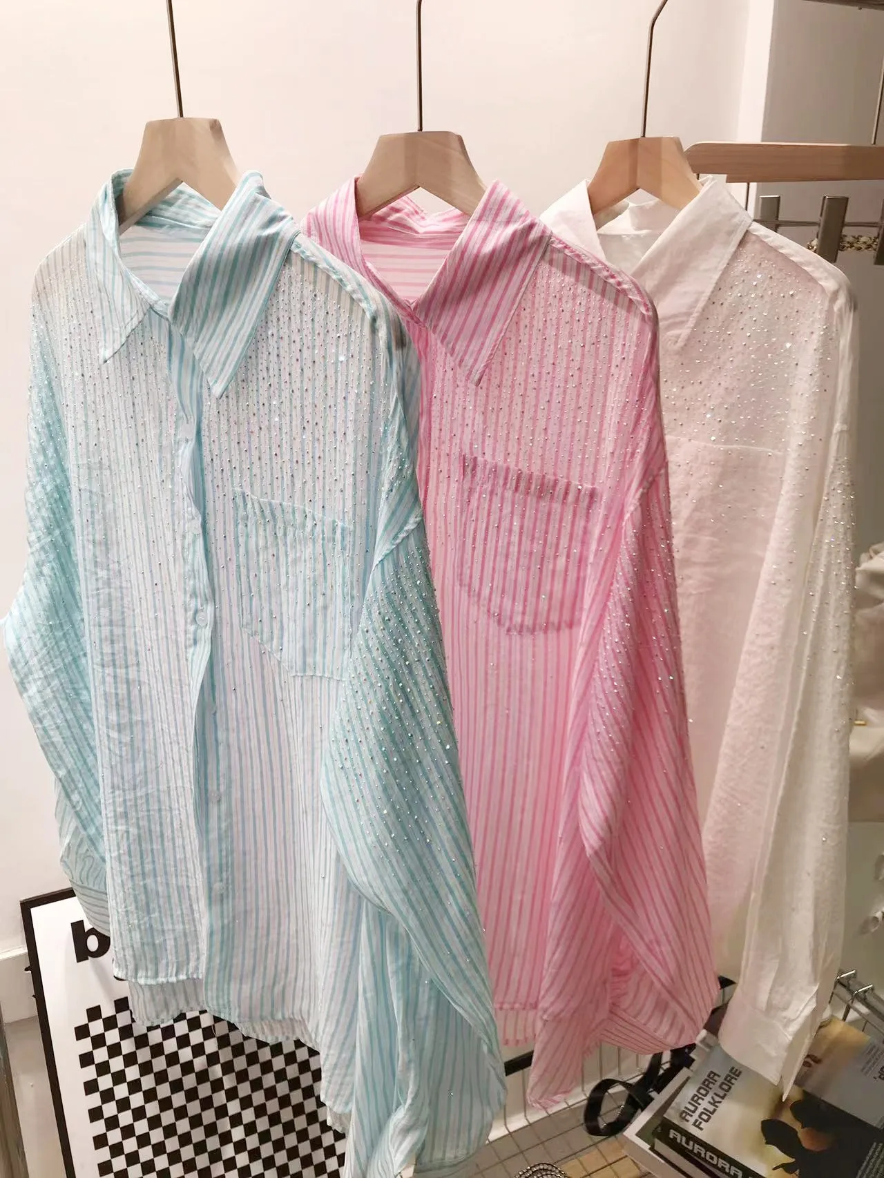 Summer Thin Blouses Striped Sunscreen Shirt New Summer Fashion Shiny Starry Sky Hot Drilling Cool Refreshing Long Sleeve Tos