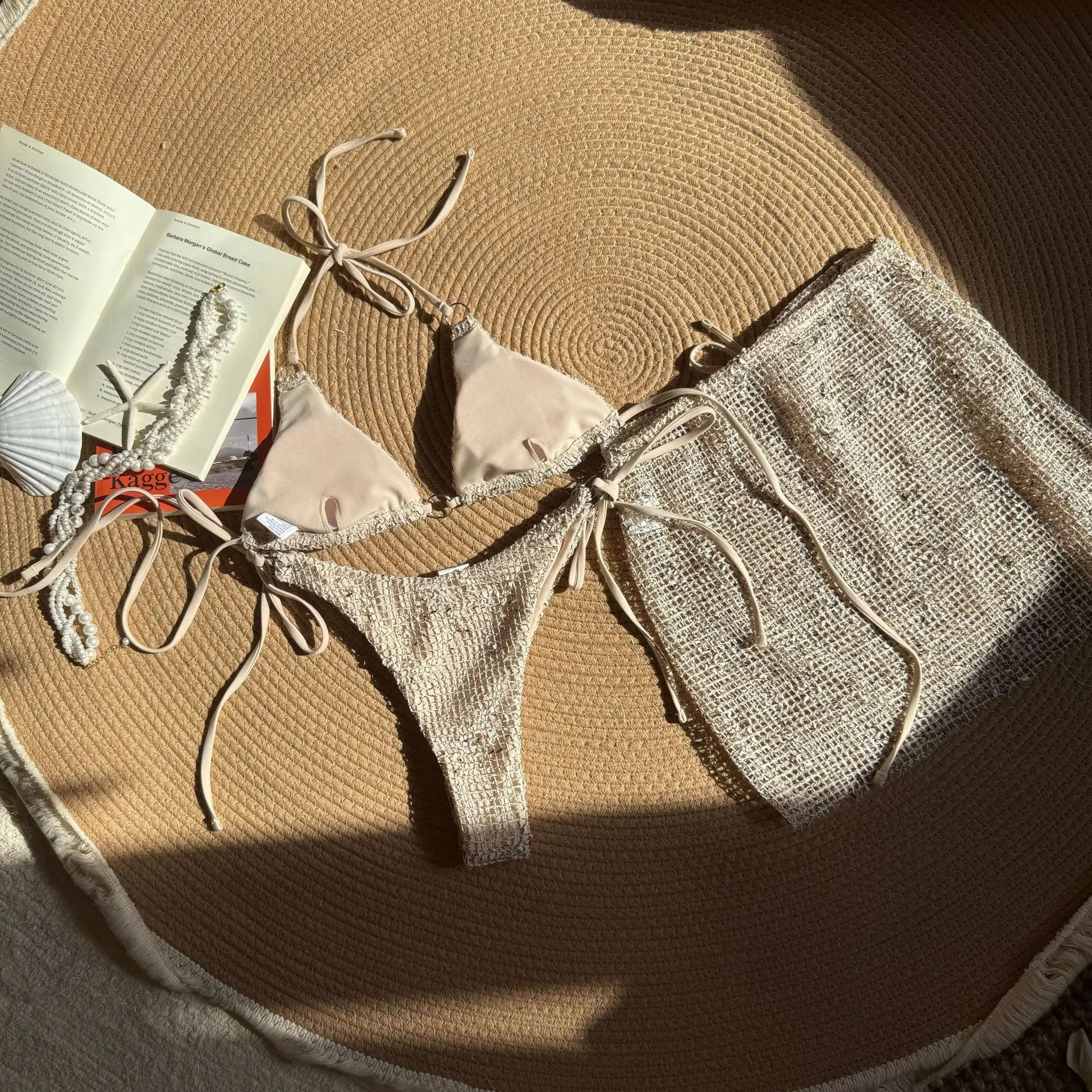 2025 New Summer Halter Bikini 3 Pieces Women Special Material Sexy Thong Swimwear with Sarong Skirt Solid Pink Beachwear