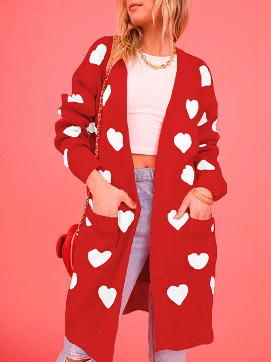 

Yoawdats Women s Y2K Open Front Sweaters Heart Print Knitted Cardigans with Pockets Warm Knitwear Ladies Gifts