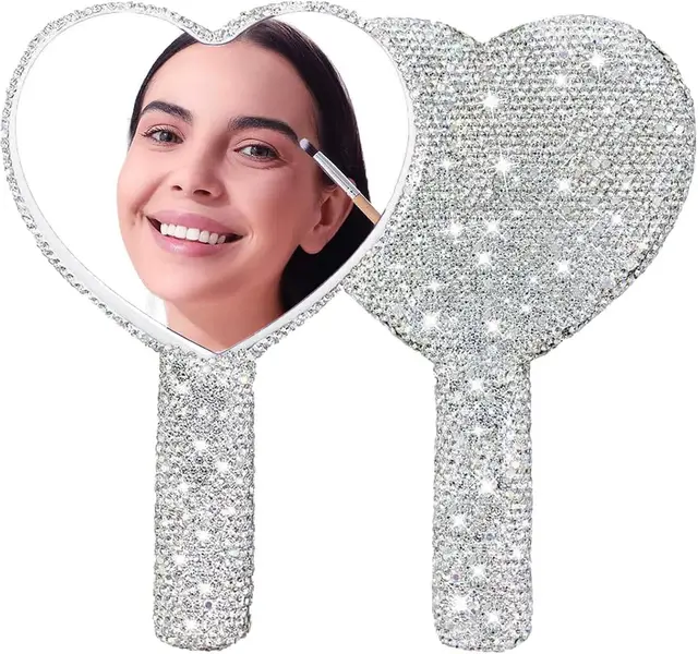 Miroir de maquillage à main en diamant, miroir en forme de cœur d'amour, poignée féminine, outils de beauté cosmétiques, miroir de maquillage pour filles 1
