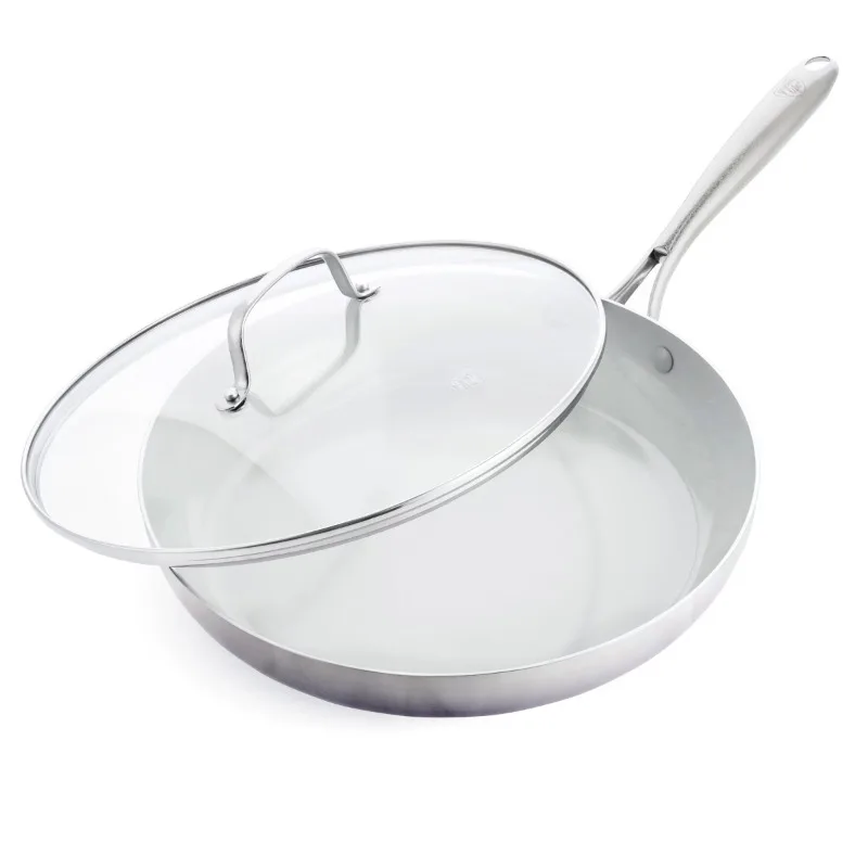 

Tri-Ply Stainless Steel Healthy Ceramic Nonstick, 12" Frying Pan Skillet with Lid, PFAS-Free, Multi Clad, Dishwasher Safe