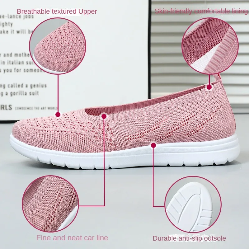 Knitted fabric shoes for women in spring 2024, shallow mouthed flat bottomed women's shoes, mom's shoes one kick off pink shoes
