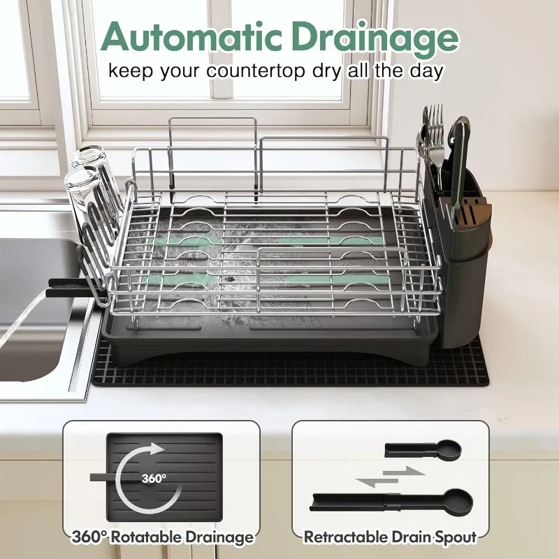 Dish Drying Rack, Large Rack and Drainboard Set with Swivel Spout, Kitchen Counter Wine Glass Holder, Utensil Mat