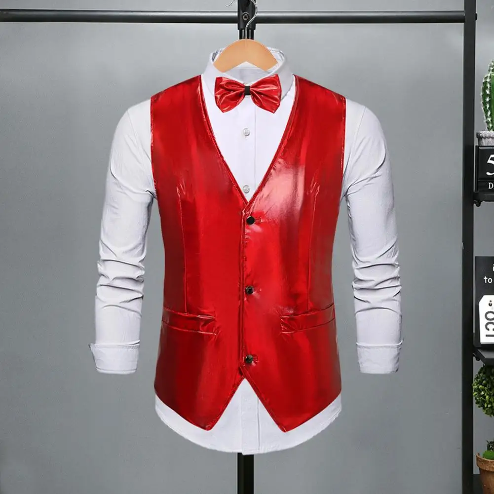 Description Picture 6 of itemMen Vest Comfortable Men Vest Retro Disco Men's Vest Bow Tie Set for Groom Wedding Party Glossy V Neck Waistcoat with Adjustable