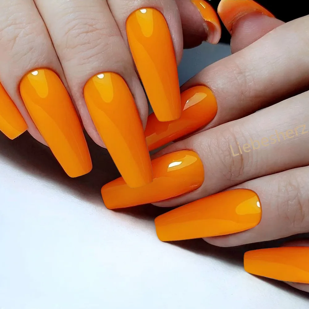 24pcs Bright Orange Artificial Fake Nail With Jelly Glue Long Ballerina