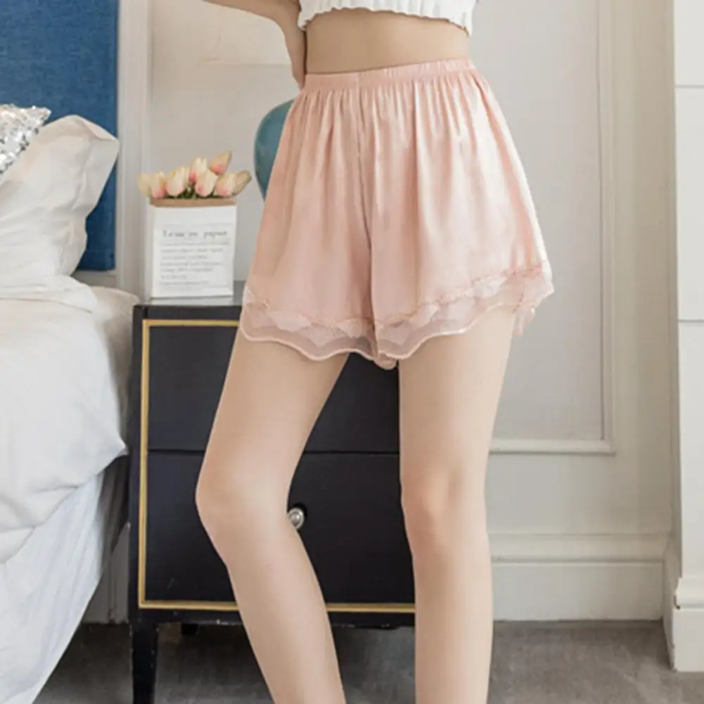 Women Sleeping Shorts Satin Solid Color Loose Type Elastic Waist Seamless Lady Safety Pants