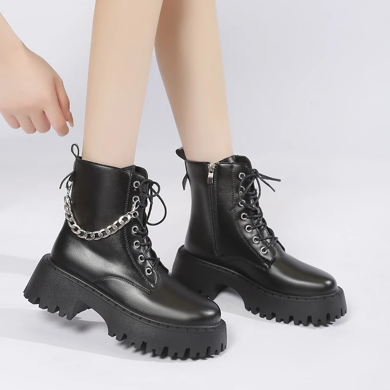 Women's Ankle Boots 2023 New Autumn Winter Fashion Women Short Boots Rear Zipper Lace-up Thick Heel Leather Boots for Female