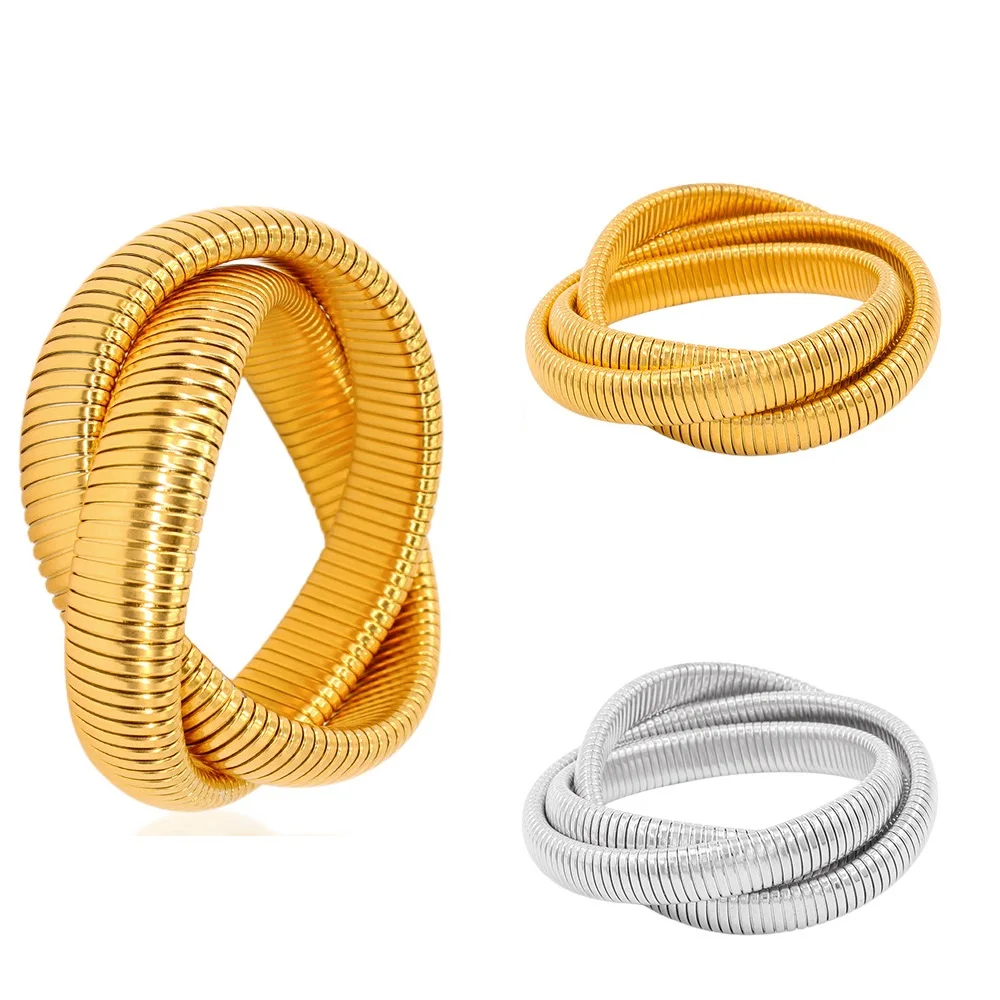 

316L Stainless Steel Three Laps Winding Stretch Elastic Bracelet for Women IP Gold Plating New Punk Charms Jewelry Gift