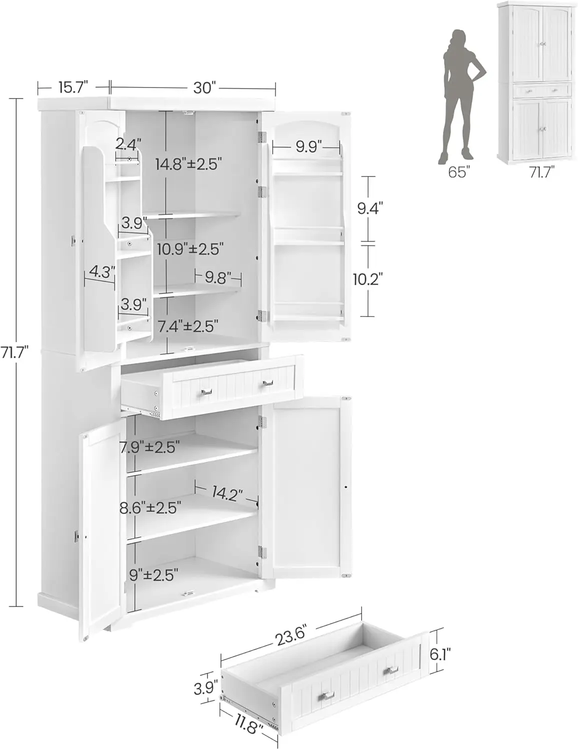71.7-Inch High Freestanding Tall Cupboard Storage Cabinet with a Drawer, 2 Cabinets, 4 Adjustable Shelves, 6 Door Shelves