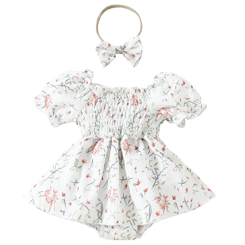 

SUNSIOM Baby Girls Rompers Dress Floral Print Short Sleeve Ruched Skirt Hem Infant Bodysuits Summer Clothes with Headband