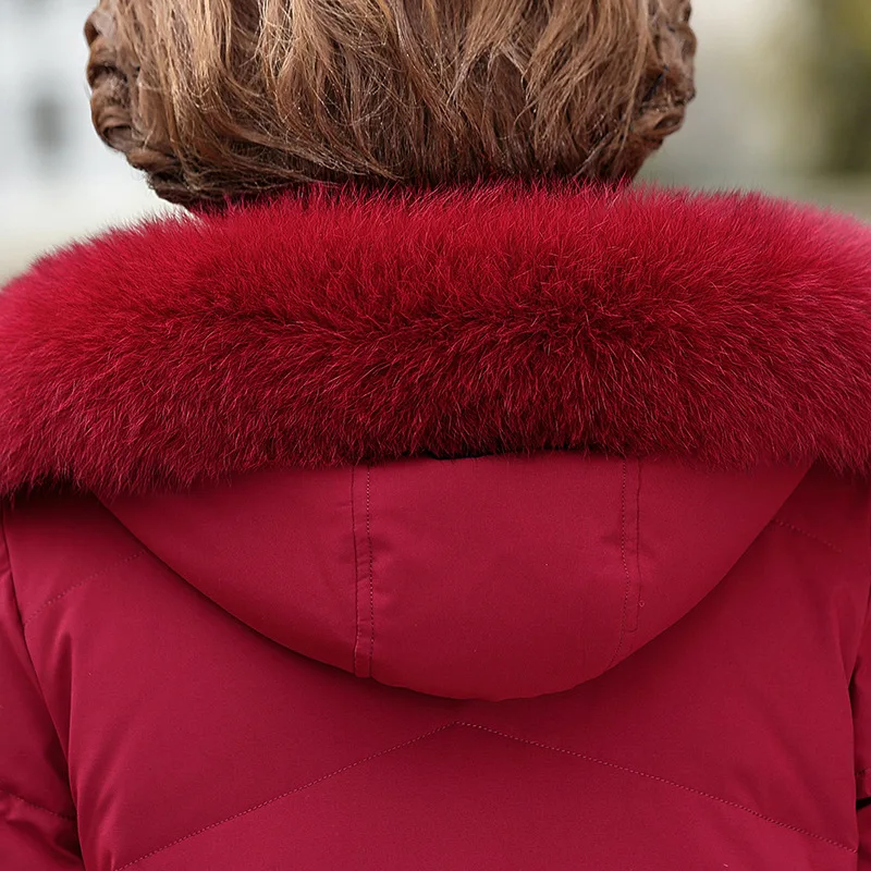 Real Fox Fur Collar White Duck Down Down Jacket Women's Medium Long Winter Clothes Middle-aged and Elderly Embroidered Loose Yrf