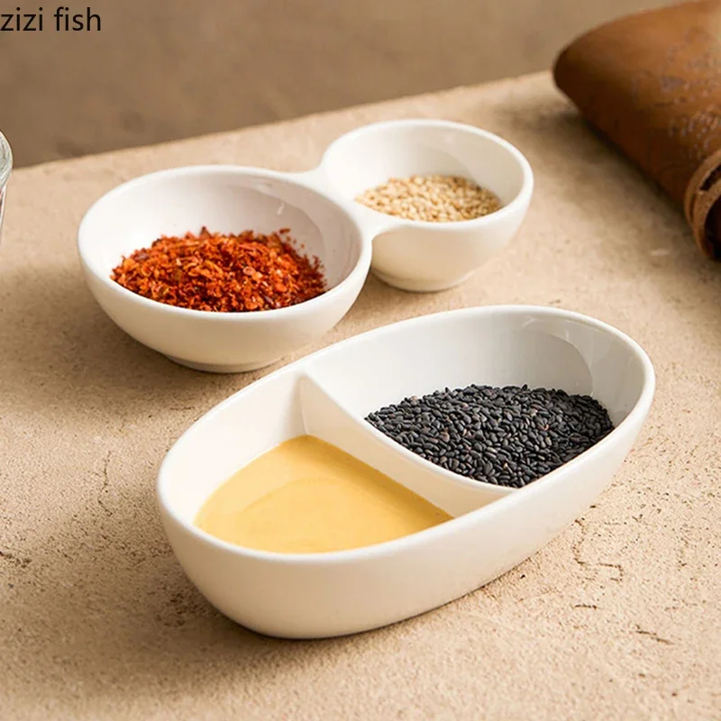 Pure White Ceramic Double Grid Plate Sauce Vinegar Seasoning Plate Appetizer Snack Plates Restaurant Creative Tableware