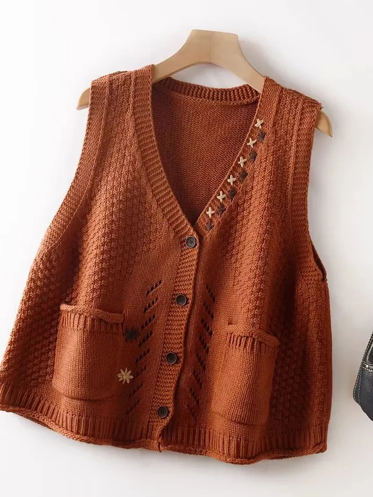 Embroided Sleeveless Knit Sweater Coats Vintage Loose Knitwears
