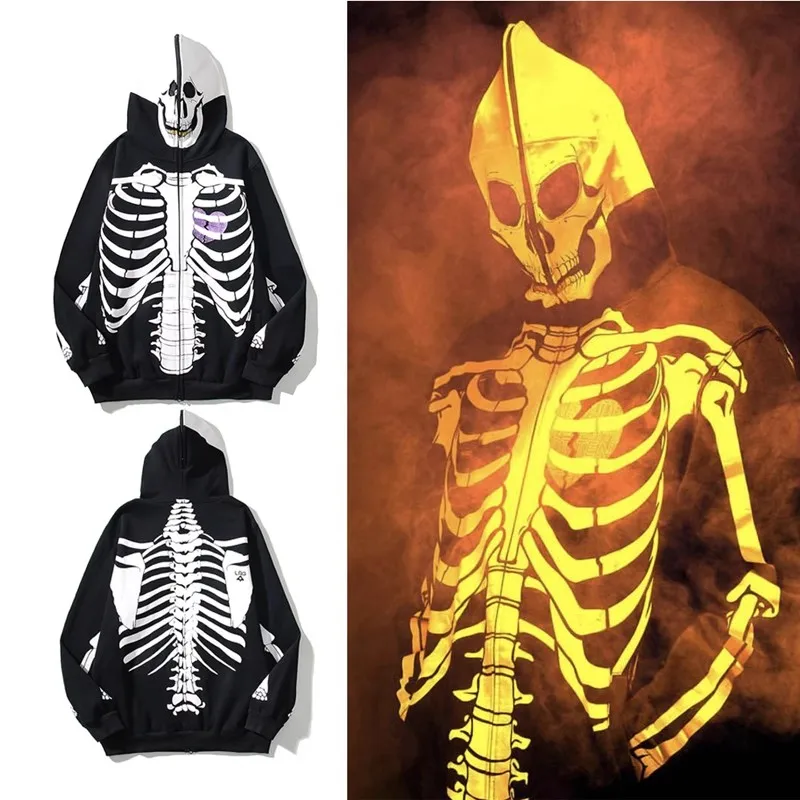 

Dead Serious Dark Wind Skeleton Bones Hooded with Fleece Sweater Cardigan Coat Same Style for Men/Women Halloween themed costume