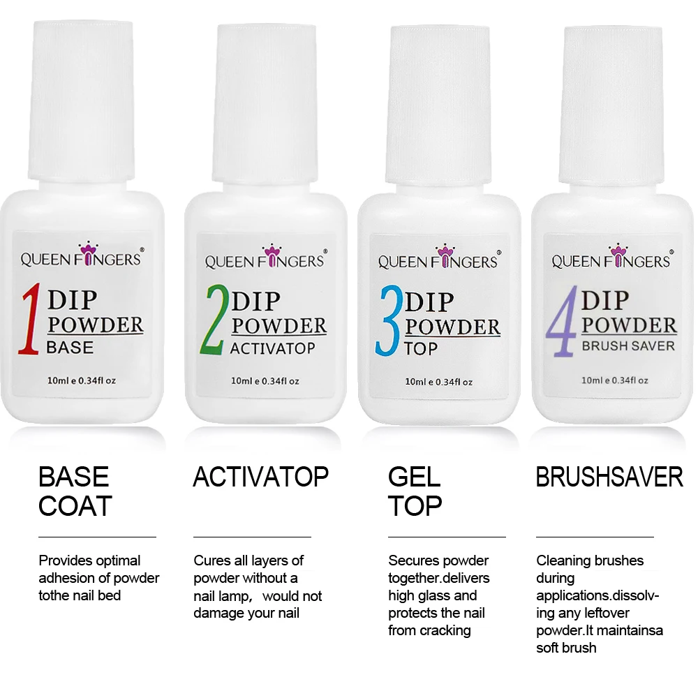 10ML Dipping Powder System Essential Set with Base Coat/Top Coat/Activator/Brush Saver Manicure Gel Polish No Nail Lamp Needed