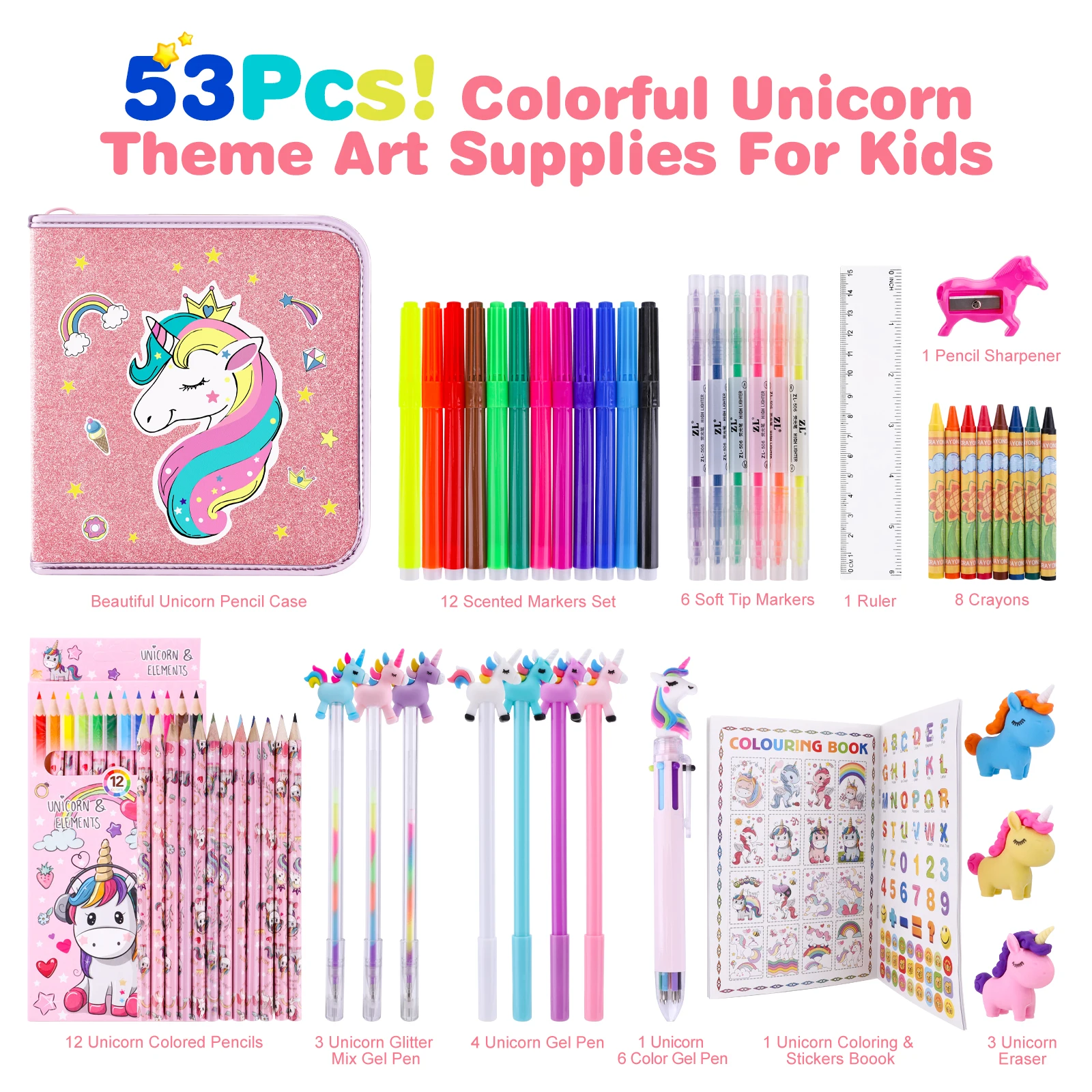 Unicorn Pencil Case Kids Art Set With Fruit Scented Markers, Unicorn Gifts  For Girls, Art Supplies For Kids, Birthday Gifts For Little Girls Age 3 4 5