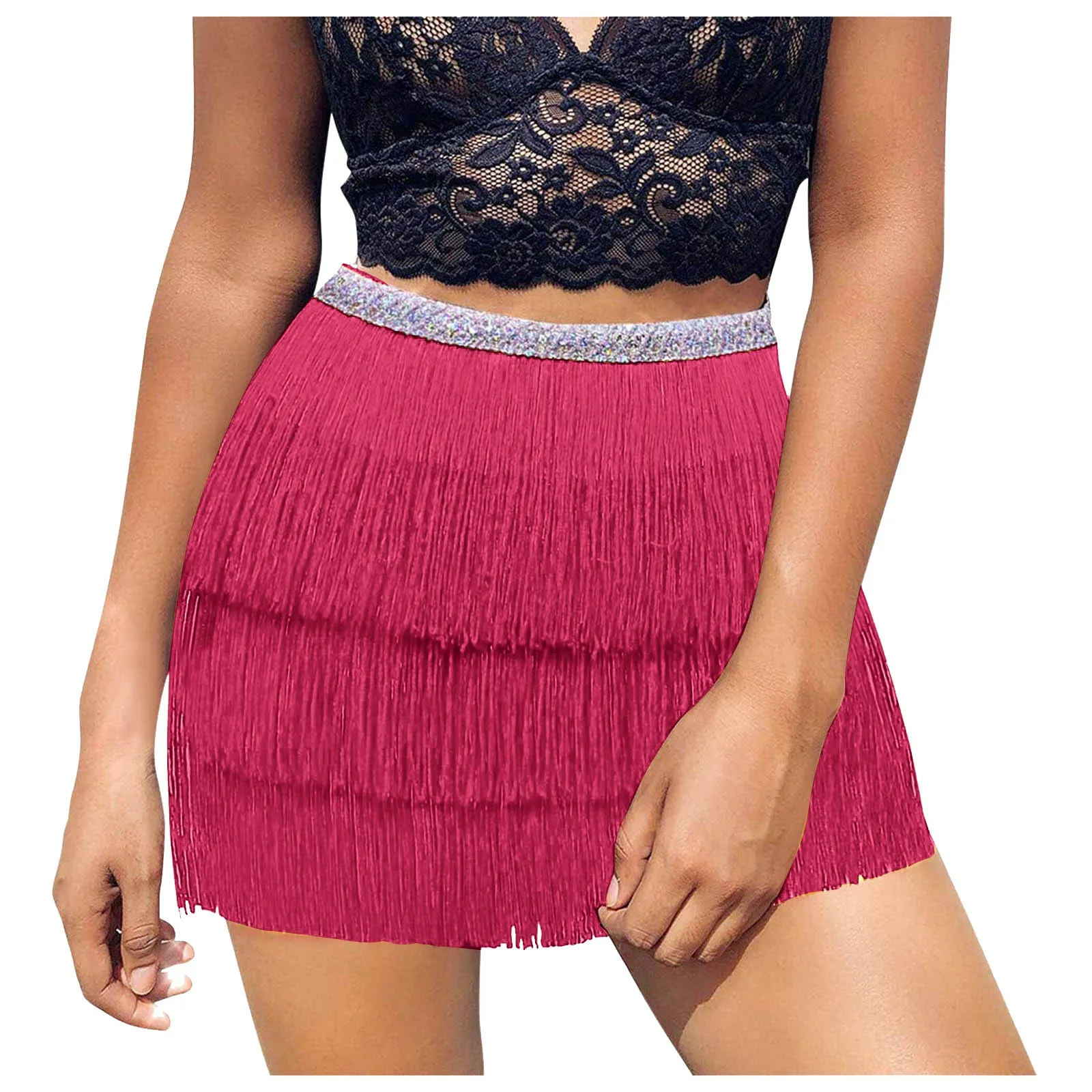 Women Sequin Belly Costume Skirt Carnival Tassel Skirt Club Mini Skirt Features: High Waist Summer Vintage Mini Skirts 1