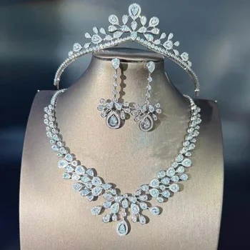 CC Wedding Jewelry Set Engagement Accessories Women Tiara Bridal Dress Party Jewellery Silver Color Crown Necklace Earring Sets