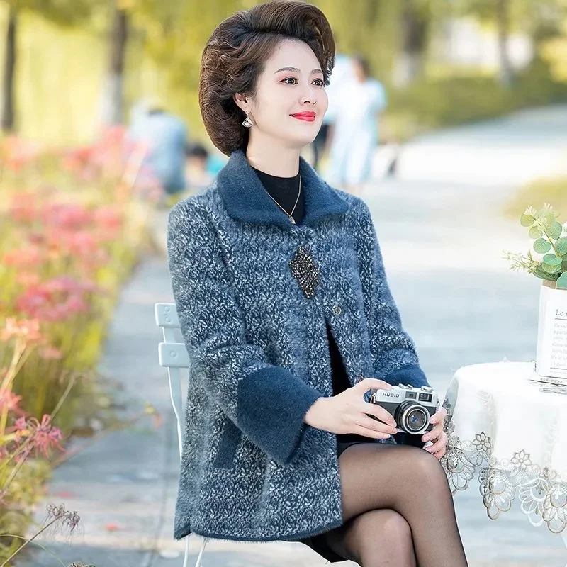 밍크 캐시미어 가디건 재킷, 두꺼운 중년 여성 어머니 착용, 매우 아름다운 울 코트, 2023 가을 겨울 신상