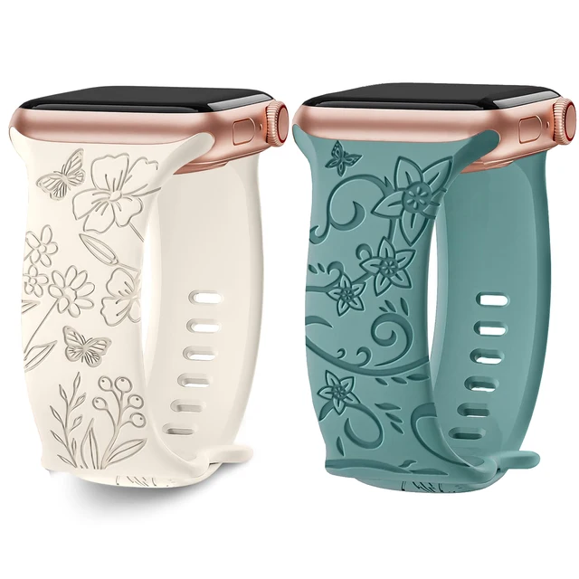 Bracelet en Silicone Gravé Floral pour Apple Watch, 44mm 40mm 41mm 49mm 45mm 38mm 42mm, iWatch Série 9 7 se 6 8 ultra 2 1